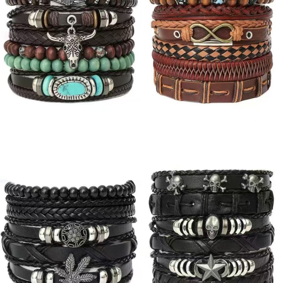 Temu Xiyin Cross-Border Hot-Selling European and American Retro Hand-Woven Leather Bracelet Bull Head Feather Decoration Men's Bracelet