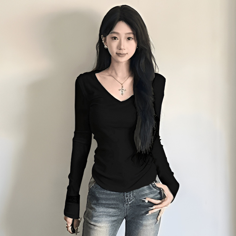 白いアメリカのギャルの純欲半袖tシャツの女性の夏のvネックはスリムに見えます。|undefined