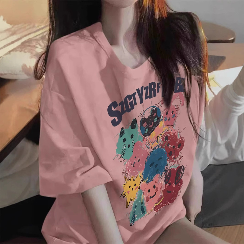 Pink Pure Cotton Short-Sleeved T-Shirt for Women in Summer Loose Lazy Half-Sleeved Top Cartoon Print Design Niche T-Shirt