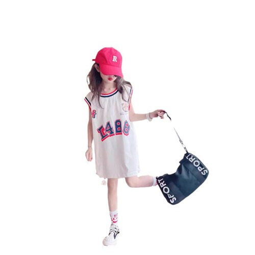 Girls' Summer Dress 2024 New Middle-Size Children Korean Style Trendy Sleeveless Blouse Dress with Back Heart Long T-Shirt Skirt