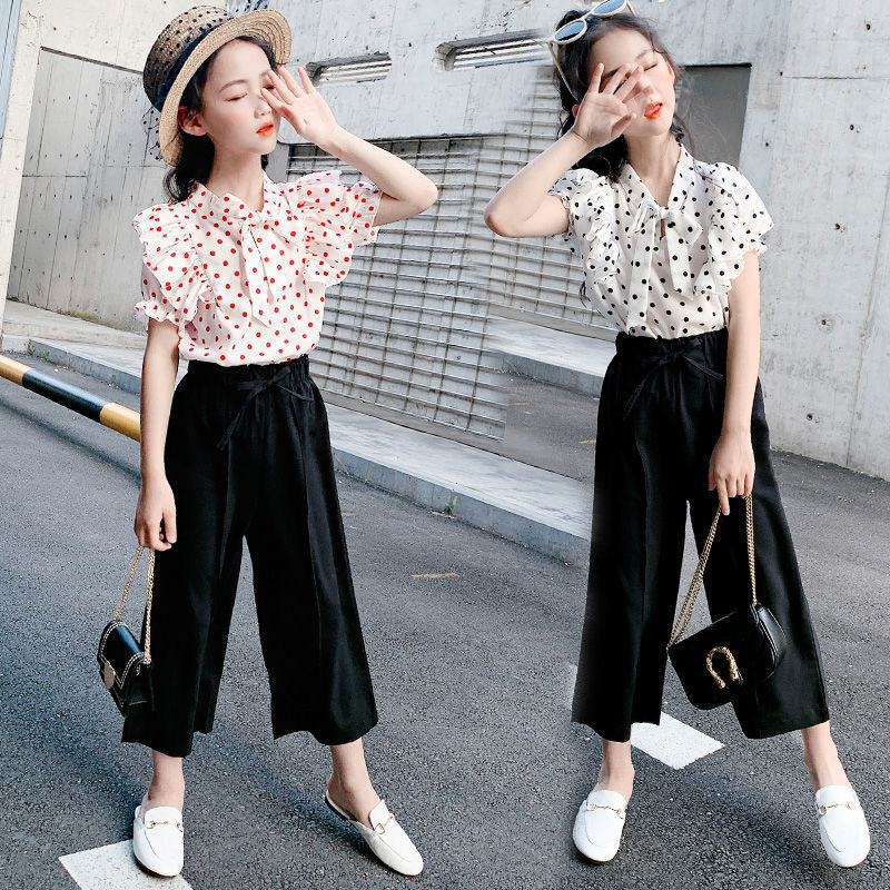 新款夏季12岁女童衣服韩版时髦洋气波点短袖休闲宽松长裤两件套潮