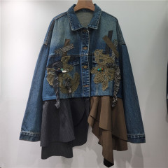 设计感拼接牛仔外套女2025新款秋条纹蕾丝翻领长袖牛仔服上衣欧货