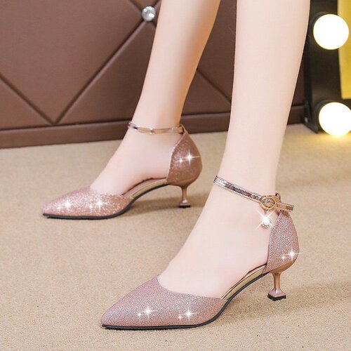 2025 Summer New Pointed-Toe Slim Heel Sandals with One-Buckle Strap Hollow High Heels Glitter Bridesmaid Women's Shoes Wholesale