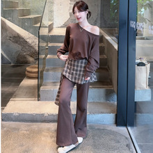 秋季新款设计感斜肩长袖卫衣上衣女格子拼接休闲裤长裤两件套