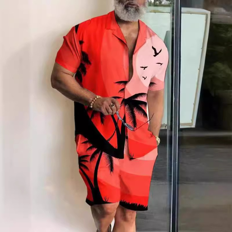Verano Amazon venta caliente impresión 3D suelta camisa de manga corta traje casual hawaiano estampado de dos piezas para hombre