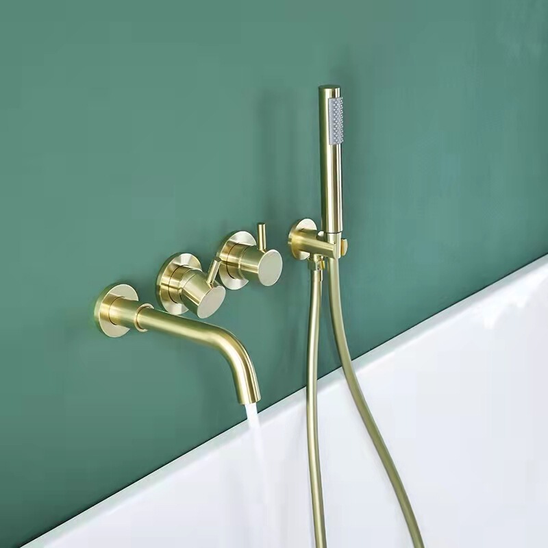 Brushed Gold Bathtub Concealed Faucet Mixing Valve Gun Gray Wall-Mounted Embedded Shower Head Set Bathroom All Copper