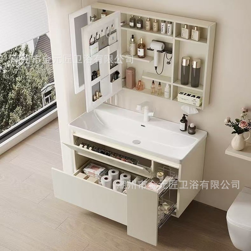 Japanese-Style Cream-Colored Honeycomb Aluminum Pull-Out Basket Bathroom Cabinet with Deep Ceramic Integrated Basin Combination Multifunctional Storage Washstand