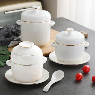 Ceramic Binaural Double Lid Stew Pot Restaurant Private Club Moon Center Soup Pot Bird's Nest Dessert Pot Steamed Egg Bowl logo