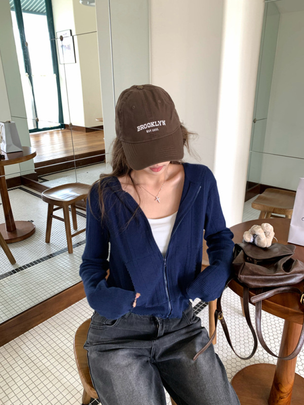 条纹连帽长袖针织衫外套女2025秋季新款韩系显瘦短款开衫上衣chic|undefined