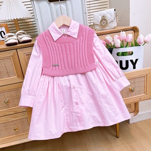 24080 girls 2024 autumn and winter new children's clothing Korean shirt dress plus sweater vest two-piece set