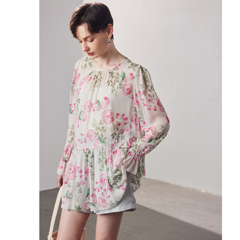 Silk Shirt for Women 2026 Spring/Summer New Two-Piece Set Doll Shirt Printed Slightly Sheer Georgette 100% Mulberry Silk Top