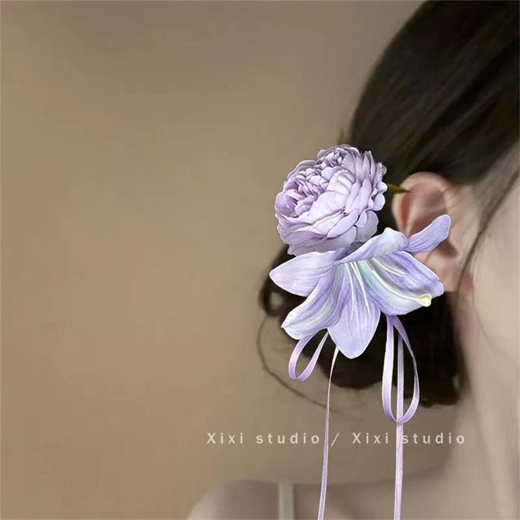 夏の優しい紫色の牡丹の花のリボンリボンヘアピンフォレストスタイル甘い模擬花サイドクリップ雰囲気帽子|undefined