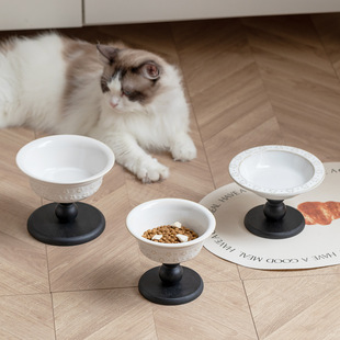 Ceramic High-Looking Large-Diameter Tall Pet Cat Drinking Bowl Neck Protection Anti-Knock over Cat and Dog Food Bowl Cross-Border Wholesale