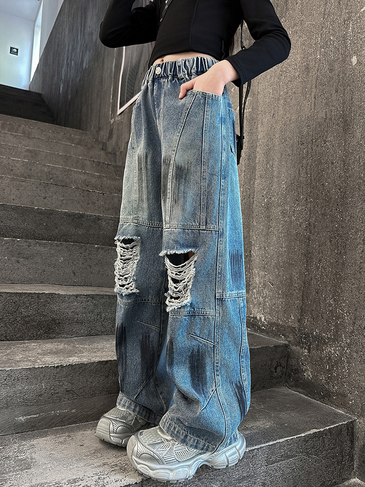 Spot Spring New Paint Style Hole Girls Fashion Children's Miscellaneous European And American Jeans Denim Loose Pants_viptrois.com