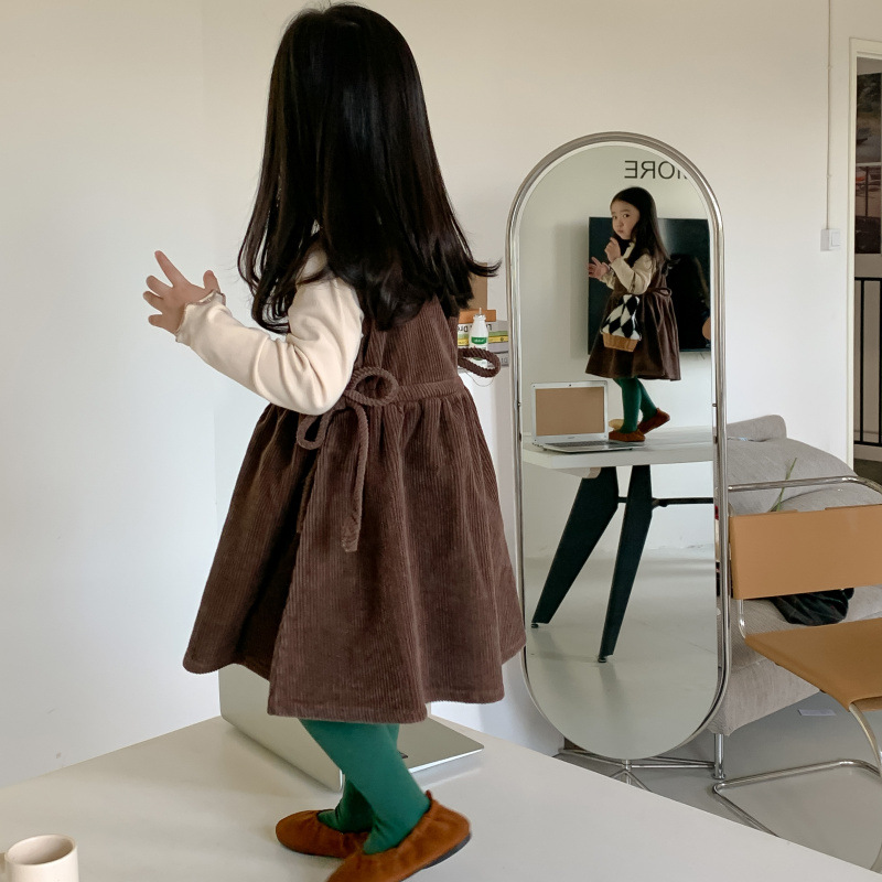 Gonna in velluto a coste autunno nuova edizione coreana con cinturino per bambini Set da due pezzi con fondo casual ampio e versatile per ragazza_voghion.com