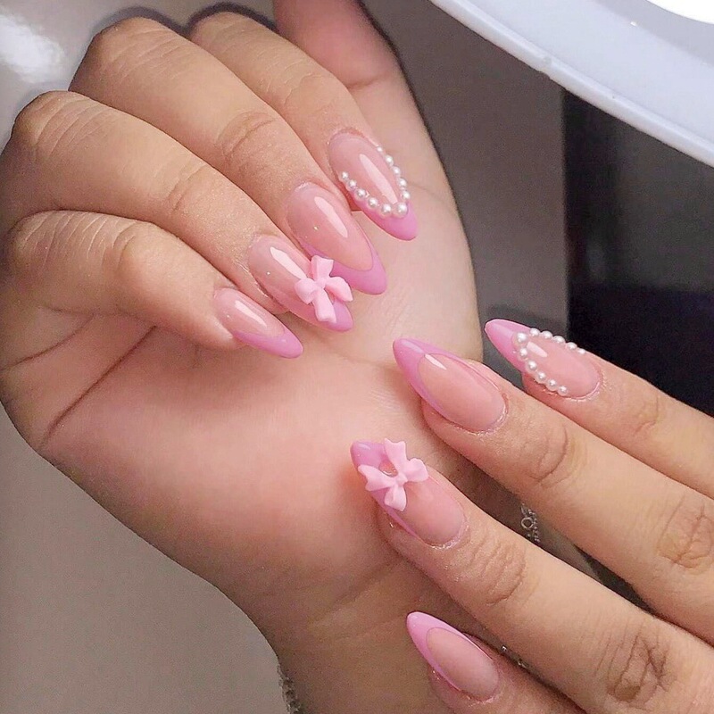 Autumn and Winter New Purple French Pointy Armor Long Almond Nail Art Pink Bow Pearl Design Bright Fake Nail