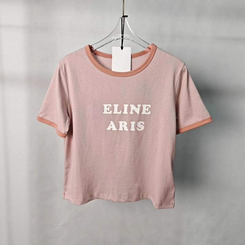 Ce25 Spring and Summer Letter Print Color-Block Round Neck Short-Sleeve T-Shirt Women's Short Style Breathable Comfortable Sweet Fashionable Versatile
