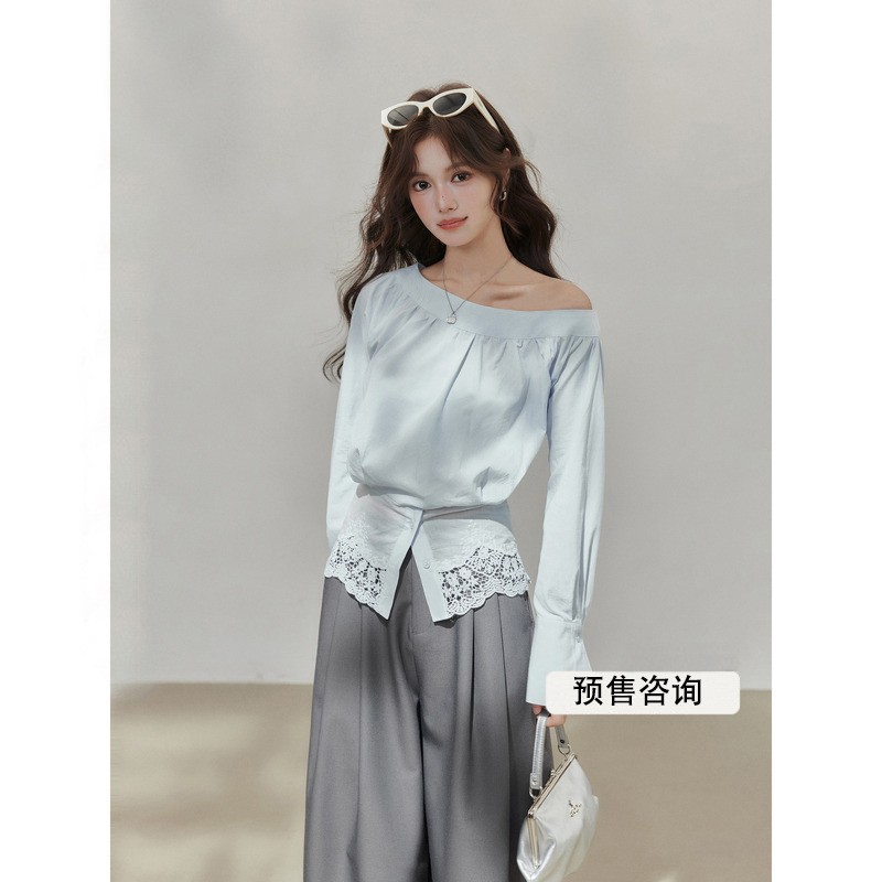 2025 New Autumn Lace Patchwork Blue Shirt