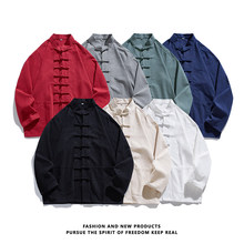 男装春秋季中国风棉麻立领长袖上衣男士休闲透气衬衫盘扣打底衫