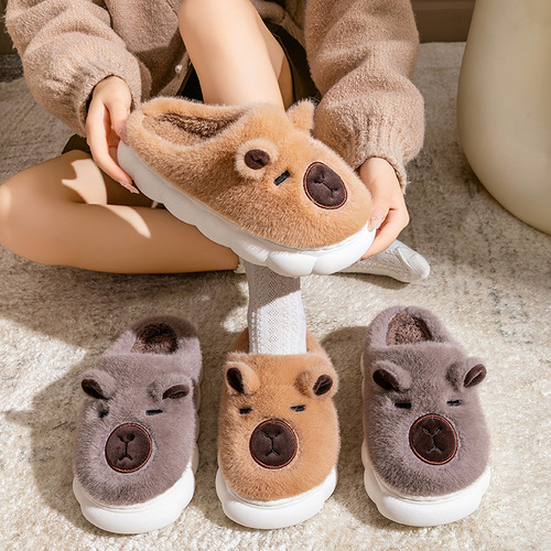 Men's Cartoon Bear Cotton Slippers for Autumn/Winter Indoor Home Thick Sole Fleece Warm Outer Wear Couple Postpartum Shoes for Women