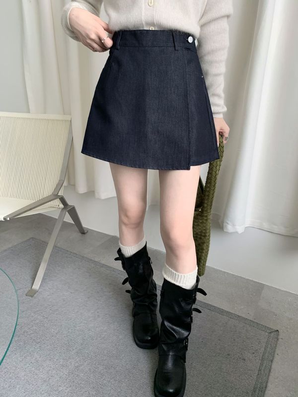 复古深蓝色裙裤女开叉设计感高腰休闲复古秋季牛仔短裙a字半身裙|undefined