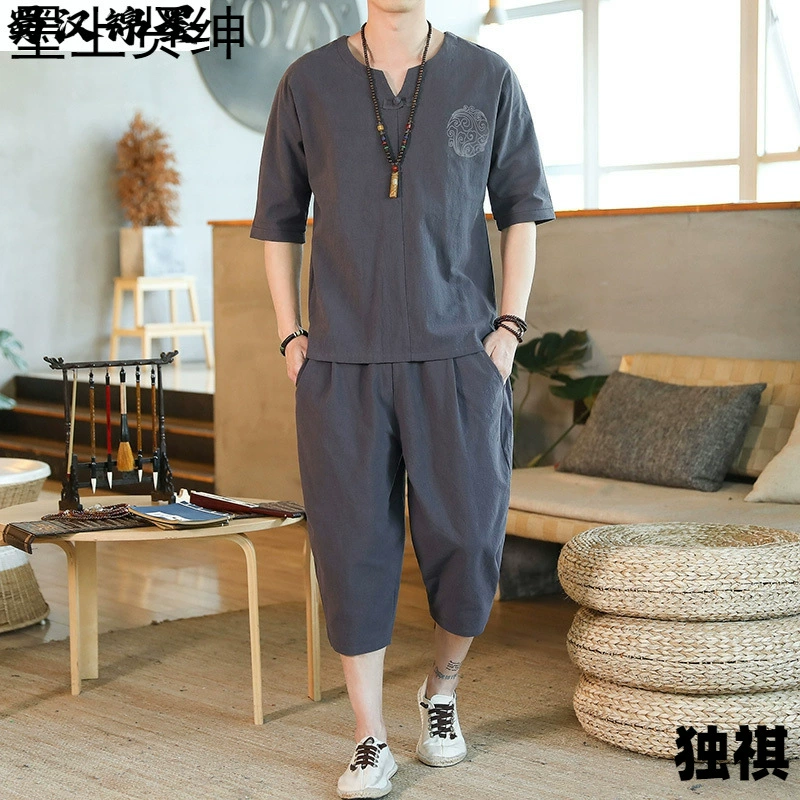 Льняные повседневные брюки мужские свободные шаровары китайский стиль хлопчатобумажные шорты с короткими рукавами