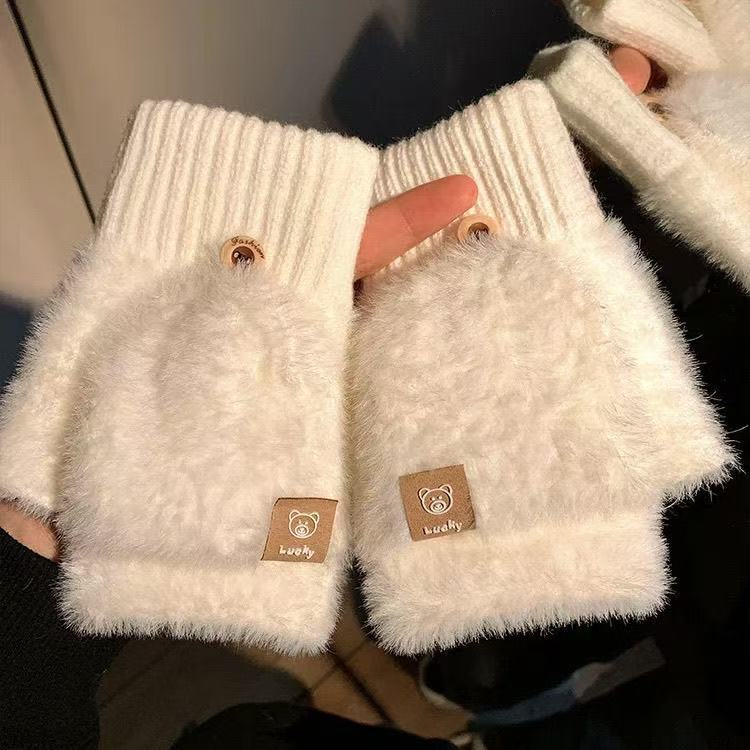 露指翻盖毛绒手套女冬季可爱保暖防寒学生写字骑车加厚触屏情侣款