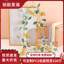 跨境新品圣诞藤条壁挂家庭装饰15头闪粉叶浆果圣诞节气氛布置批发