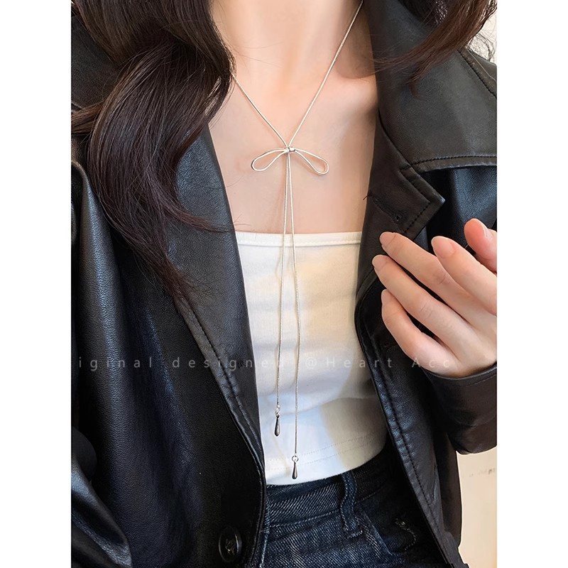 silver Bowknot Pull-out Necklace Women's Simple Ins Cold Style Long Accessories Korean Style Sweatshirt Chain Collarbone Chain