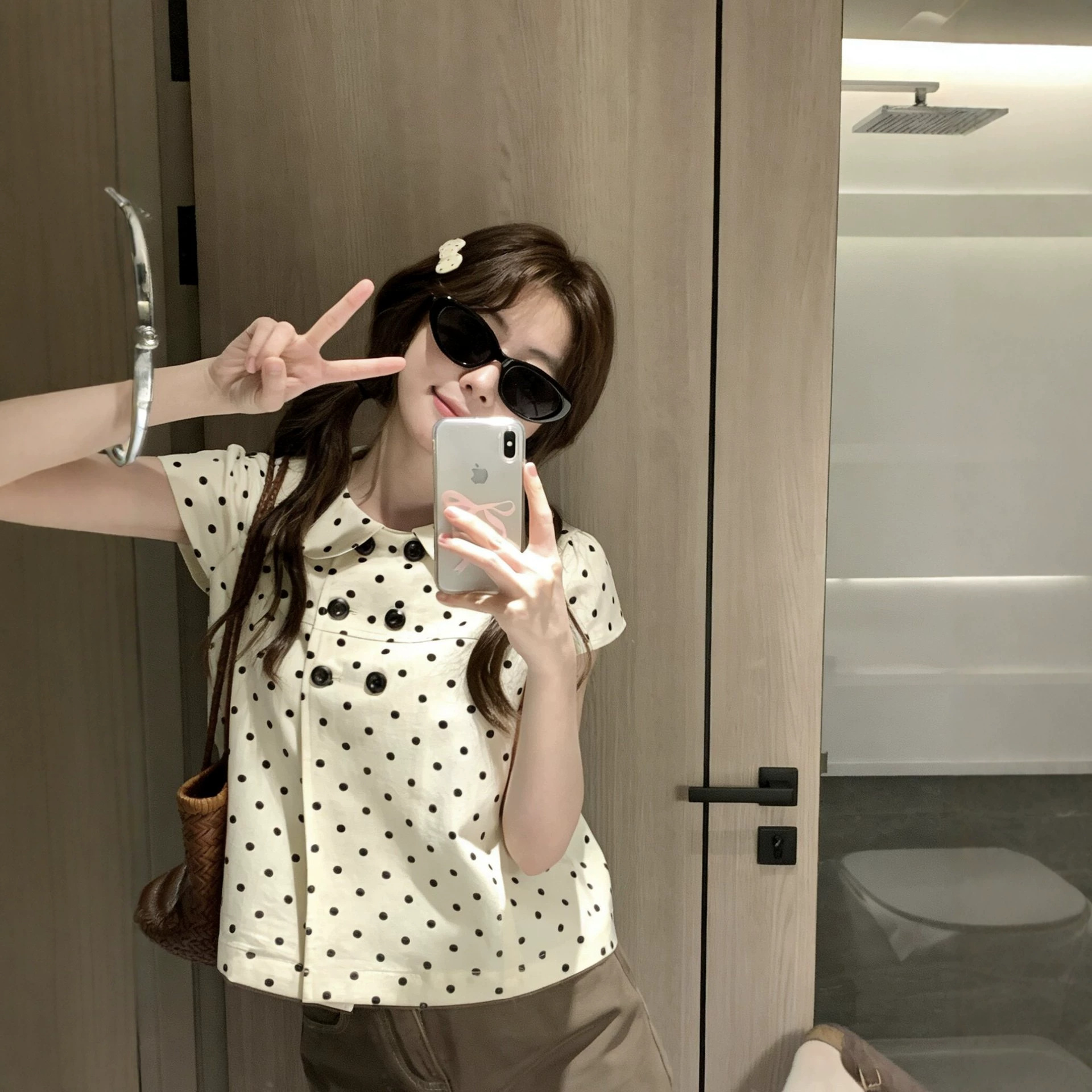Kumikumi Sweet Polka Dot Age-Reducing Peter Pan Collar Short-Sleeve Shirt Women's Summer Slimming Versatile Chic Top