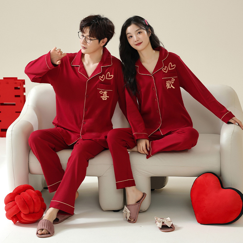 Spring and Autumn New Red Couple Pajamas for Men and Women Wedding Newlyweds Autumn and Winter Long Sleeve Trousers Casual Home Clothes suit