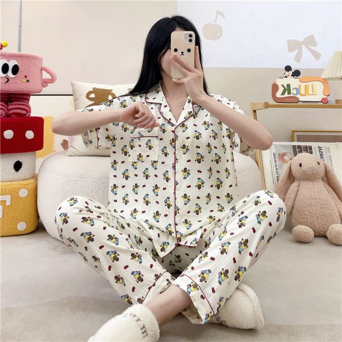 Pijamas transfronterizos al por mayor para mujer nube algodón otoño verano rebeca solapa pantalones de manga corta traje de servicio a domicilio simple y cómodo