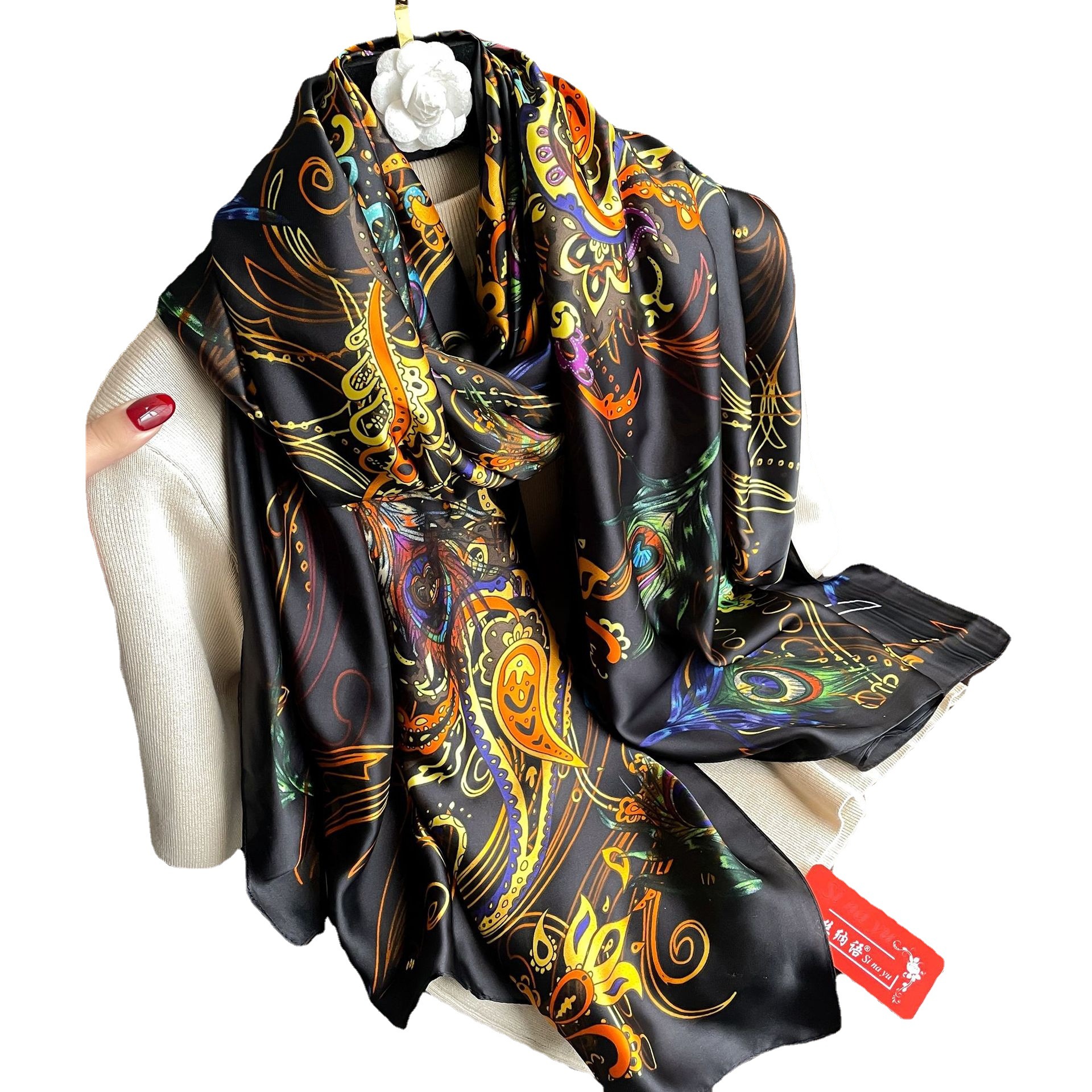 Vintage pluma de anacardo impreso bufanda de moda elegante brocado satén gran bufanda exterior chal de seda artificial Toalla de playa