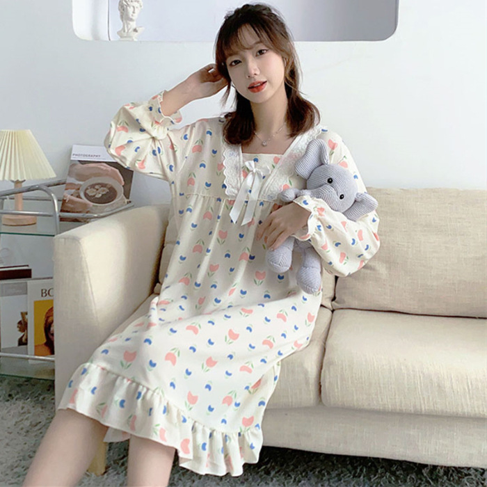 Una variedad de estilo princesa francesa de alta calidad ins estilo burbuja de algodón con volantes pijamas de las mujeres de primavera y otoño mono camisón desgaste del hogar