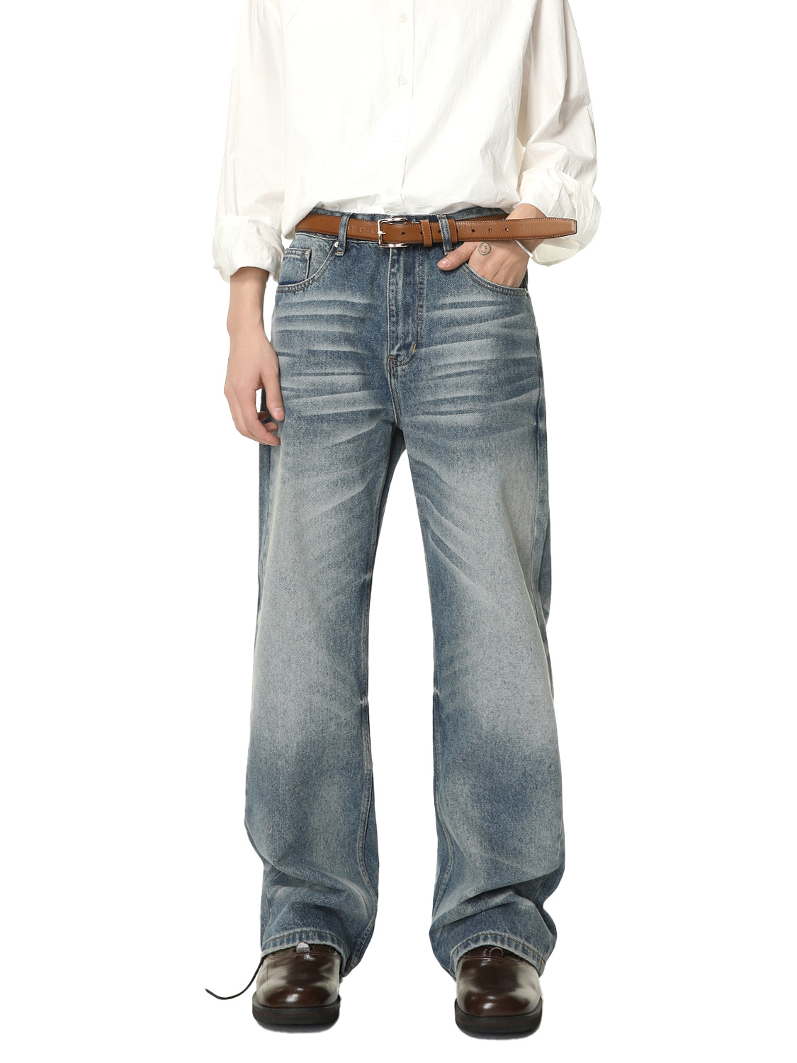 MTLCLOTHES Hombres| El gato de la calle alta lavado en agua estriado pliegue retro hacer viejos jeans de piernas anchas rectas de moda