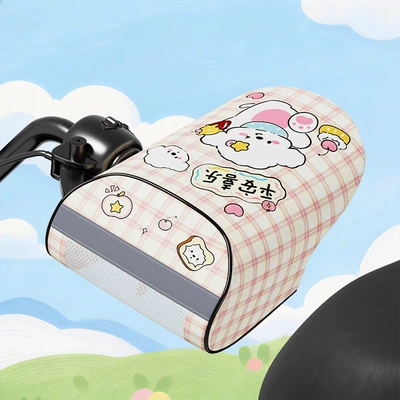 Electric vehicle handlebar covers, sun-proof and waterproof, universal cute cartoon electric bike hand guards, summer riding windproof handle covers (Handlehold cover) - electric-vehicle-3d-handlebar-cover-pink-grid-cloud-design-white