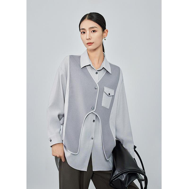 高级感假两件马甲时尚衬衣女2025秋冬季新款气质百搭撞色休闲衬衫|undefined