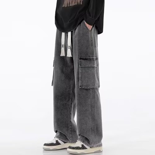 Men's Spring and Autumn Workwear Jeans with Elastic Waist Loose Straight Leg Wide Leg Versatile Casual Long Pants 2025