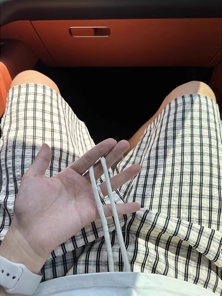 Seersucker Plaid Shorts Men's Summer Thin Splicing Design Straight Casual Wide-leg Five-point Pants_viptrois.com