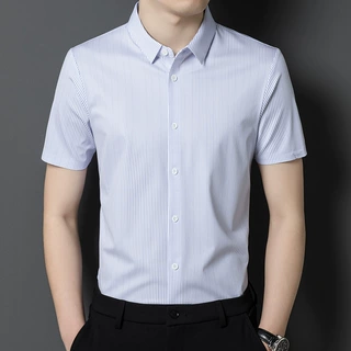 夏装新品中年男式短袖衬衫商务休闲细条纹百搭薄款冰丝无痕衬衣男