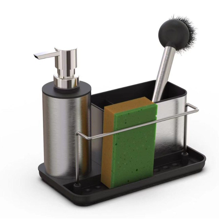 Set de limpieza de fregadero de botella de líquido de cocina de acero inoxidable tres en uno con barra de toalla, estante de almacenamiento de cepillo de disco, jabón líquido