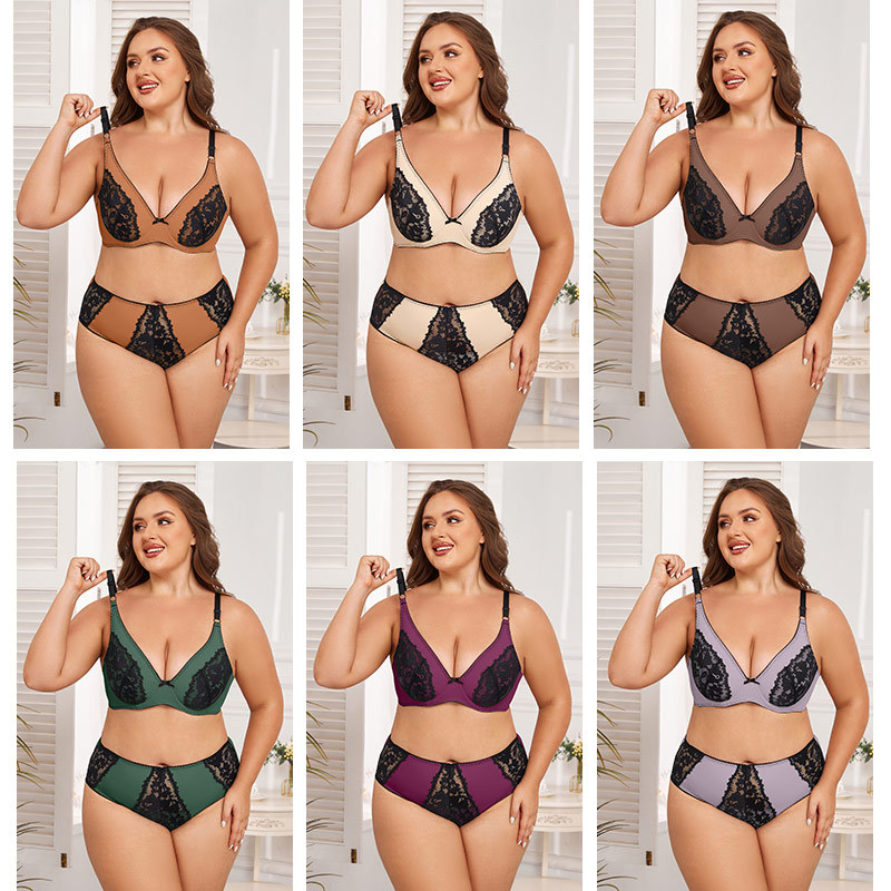 E cup G cup European and American plus size women's bra underwear suit without steel ring underwear full cup semi-transparent lace women's underwear