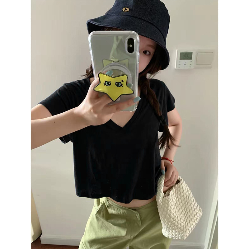 Mosesqueen Spicy Girl Simple Solid Color Short V-Neck Short-Sleeve T-Shirt Summer Thin Loose Top Mosesqueen Spicy Girl Simple Solid Color Short V-Neck Short-Sleeve T-Shirt Summer Thin Loose Top