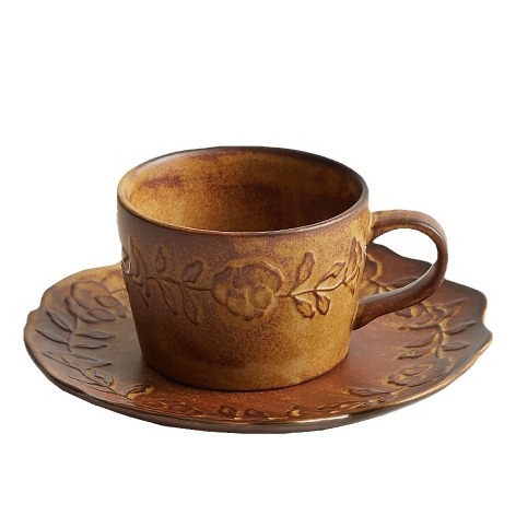Yizi creativo gres taza de café y platillo vintage taza de café esmalte de cobre en relieve taza de té negro taza de café y platillo