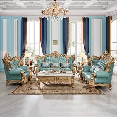 歐式真皮沙發組合客廳頭層牛皮輕奢華別墅法式香槟金美式皮藝沙發