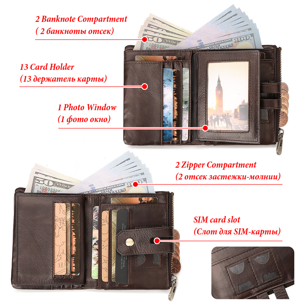 跨境熱賣簡化改款RFID頭層牛皮卡包男拉鏈搭扣多卡位真皮男士錢包