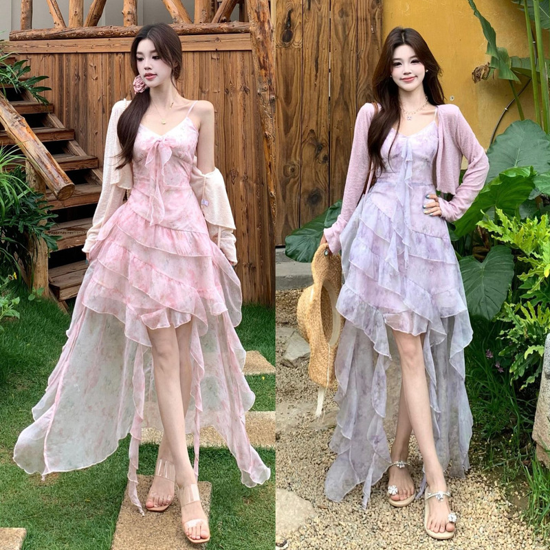 2026 New Large Size Sweet Oil Painting Style Asymmetrical Ruffled Strap Dress + Lace Cardigan 2026 New Large Size Sweet Oil Painting Style Asymmetrical Ruffled Strap Dress + Lace Cardigan