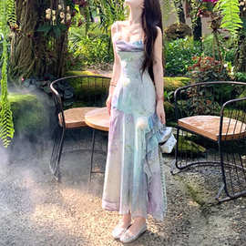 紫藤萝 不规则吊带印花修身鱼尾裙长裙气质时髦法式高腰A字裙子超