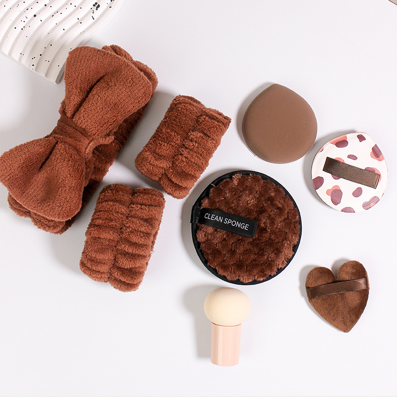 Coral veludo cabello banda de maquillaje huevo banda de cabello polvo de lavado de cara conjunto de lavado de cara polvo de algodón transfronterizo polvo de polvo image 11