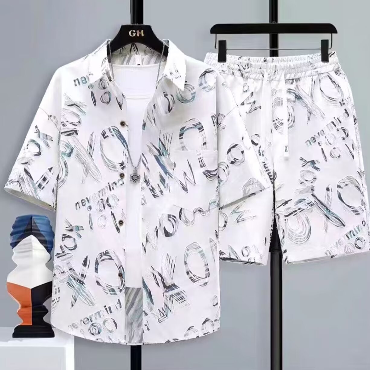 남성용 반팔 셔츠 세트, 남성복 캐주얼 스포츠 상의와 반바지 투피스 세트, 캐주얼 스포츠 스타일